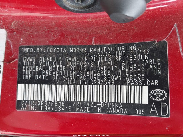 Продаж на аукціоні авто 2013 Toyota Corolla Le, vin: 2T1BU4EE5DC997548, номер лоту: 45116991
