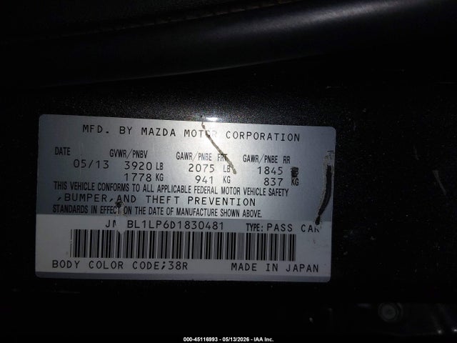 2013 Mazda Mazda3 I Touring მანქანა იყიდება აუქციონზე, vin: JM1BL1LP6D1830481, აუქციონის ნომერი: 45116993