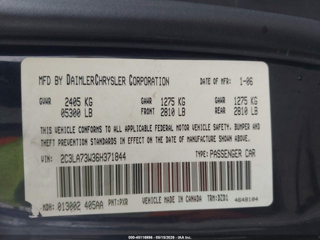 2006 Chrysler 300c Srt8 მანქანა იყიდება აუქციონზე, vin: 2C3LA73W36H371844, აუქციონის ნომერი: 45116996