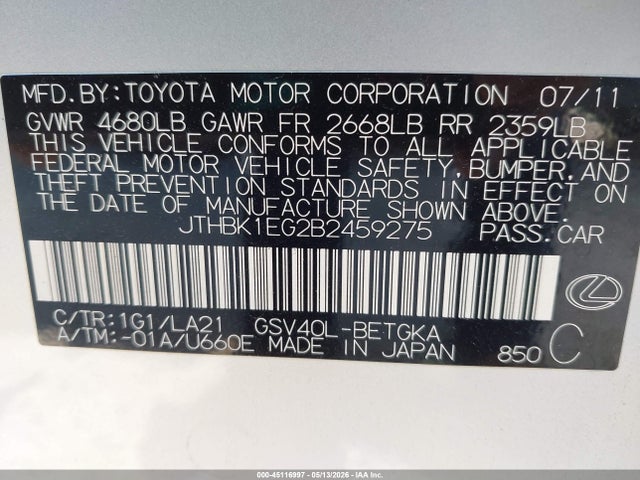 Aukcja sprzedaży 2011 Lexus Es 350, vin: JTHBK1EG2B2459275, numer aukcji: 45116997