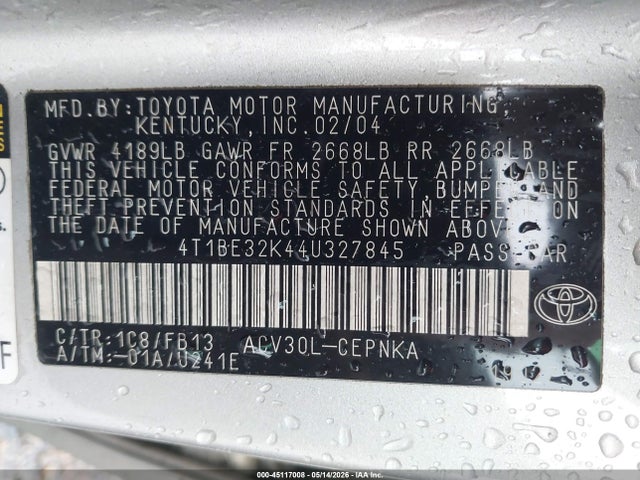 Auction sale of the 2004 Toyota Camry Le, vin: 4T1BE32K44U327845, lot number: 45117008