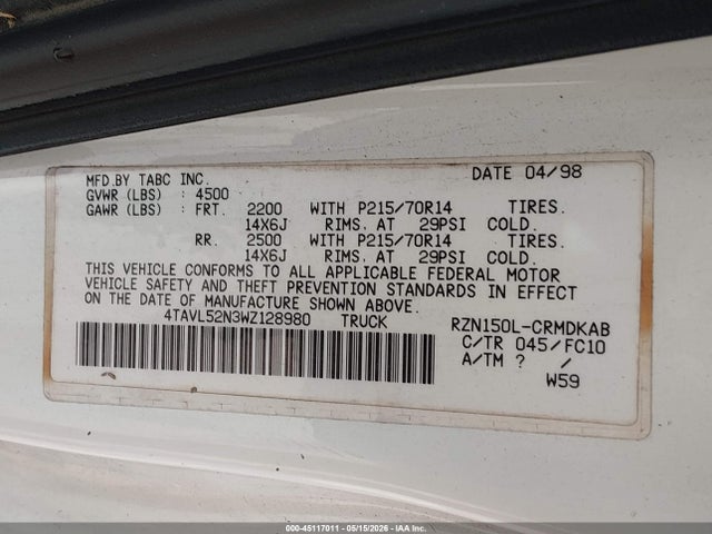 Auction sale of the 1998 Toyota Tacoma, vin: 4TAVL52N3WZ128980, lot number: 45117011