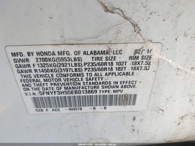 Продаж на аукціоні авто 2014 Honda Pilot Ex-l, vin: 5FNYF3H55EB013869, номер лоту: 45117025
