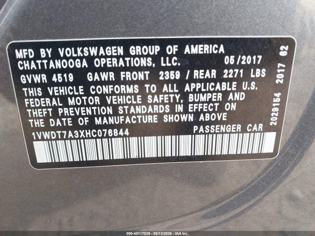Auction sale of the 2017 Volkswagen Passat 1.8t R-line, vin: 1VWDT7A3XHC076844, lot number: 45117039