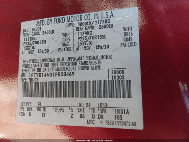 Aukcja sprzedaży 2001 Ford Ranger Edge/xl/xlt, vin: 1FTYR14V31PB28469, numer aukcji: 45117044