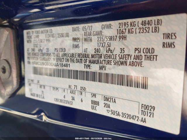 2013 Ford Escape Se მანქანა იყიდება აუქციონზე, vin: 1FMCU9G93DUA18481, აუქციონის ნომერი: 45117045