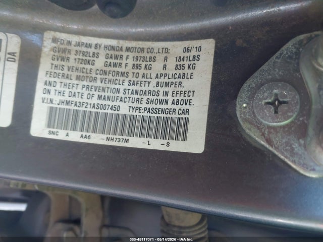 Aukcja sprzedaży 2010 Honda Civic Hybrid, vin: JHMFA3F21AS007450, numer aukcji: 45117071