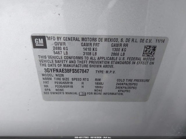 Продаж на аукціоні авто 2015 Cadillac Srx Standard, vin: 3GYFNAE38FS567847, номер лоту: 45117083