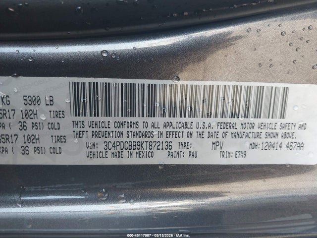 Продаж на аукціоні авто 2019 Dodge Journey Se, vin: 3C4PDCBB9KT872136, номер лоту: 45117087