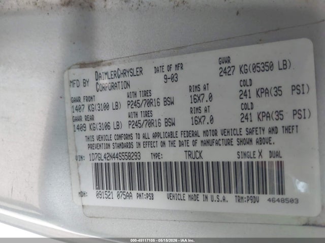 45117105 :رقم المزاد ، 1D7GL42N44S558293 vin ، 2004 Dodge Dakota Slt مزاد بيع