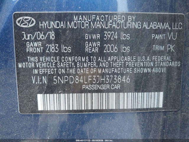 45117112 :رقم المزاد ، 5NPD84LF3JH373846 vin ، 2018 Hyundai Elantra Value Edition مزاد بيع