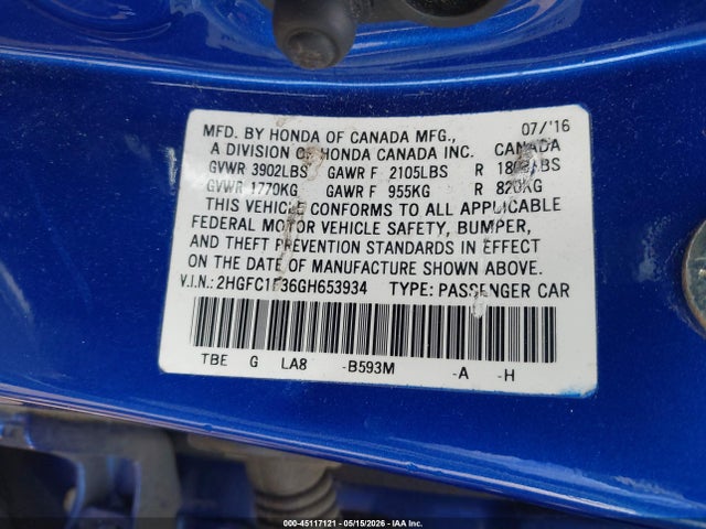 Aukcja sprzedaży 2016 Honda Civic Ex-t, vin: 2HGFC1F36GH653934, numer aukcji: 45117121