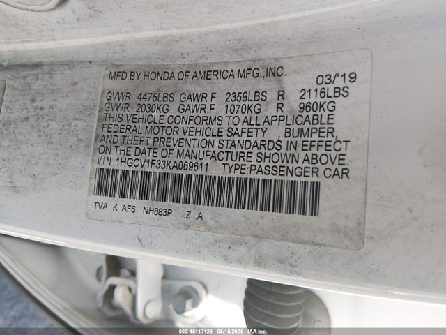 1HGCV1F33KA069611 Honda Accord Sport