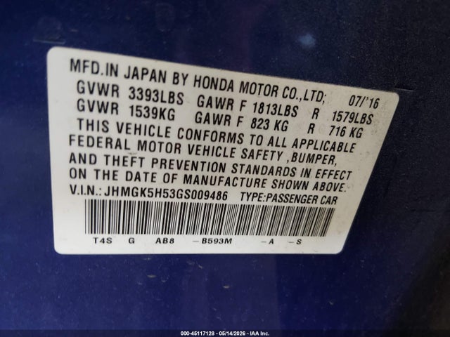 JHMGK5H53GS009486 Honda FIT LX
