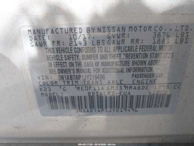 Продаж на аукціоні авто 2018 Nissan Sentra Sr, vin: 3N1AB7AP1JY219496, номер лоту: 45117129