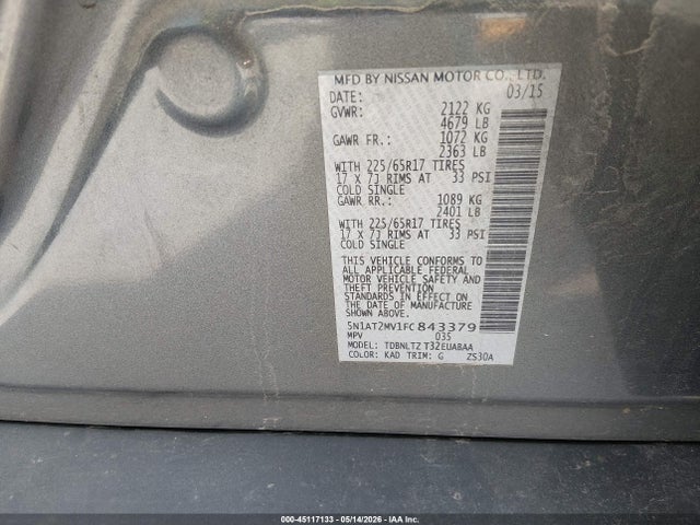 2015 Nissan Rogue Sv მანქანა იყიდება აუქციონზე, vin: 5N1AT2MV1FC843379, აუქციონის ნომერი: 45117133