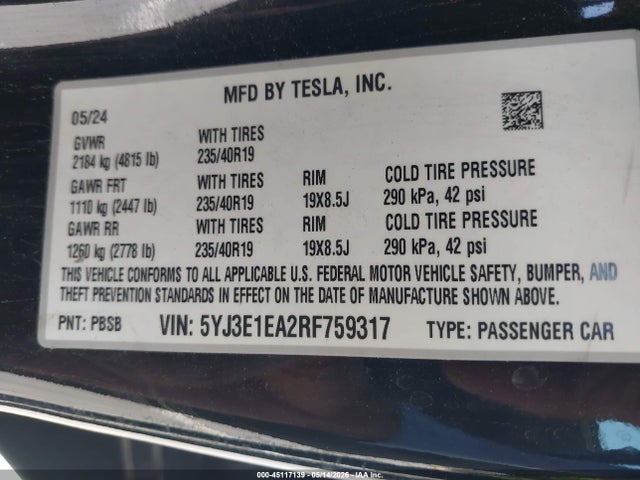 Tesla MODEL 3 2024 5YJ3E1EA2RF759317 Image 9