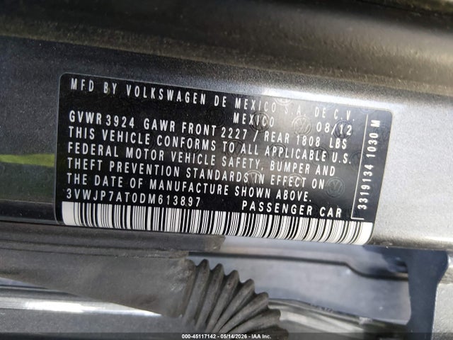 45117142 :رقم المزاد ، 3VWJP7AT0DM613897 vin ، 2013 Volkswagen Beetle 2.5l مزاد بيع