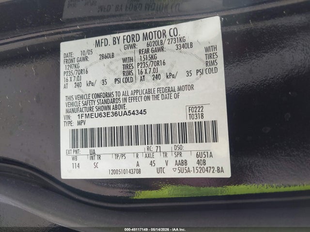 Продаж на аукціоні авто 2006 Ford Explorer Xlt, vin: 1FMEU63E36UA54345, номер лоту: 45117149