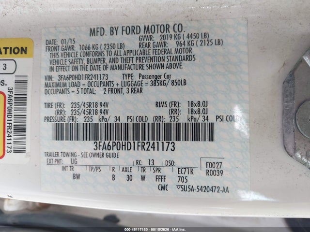 Продажа на аукционе авто 2015 Ford Fusion Se, vin: 3FA6P0HD1FR241173, номер лота: 45117150