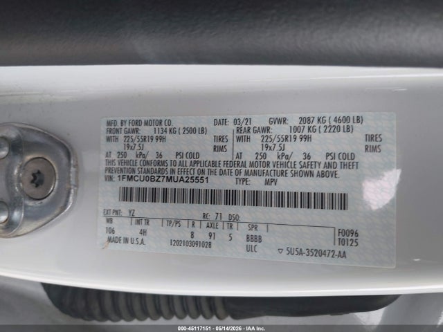 Aukcja sprzedaży 2021 Ford Escape Se Hybrid, vin: 1FMCU0BZ7MUA25551, numer aukcji: 45117151