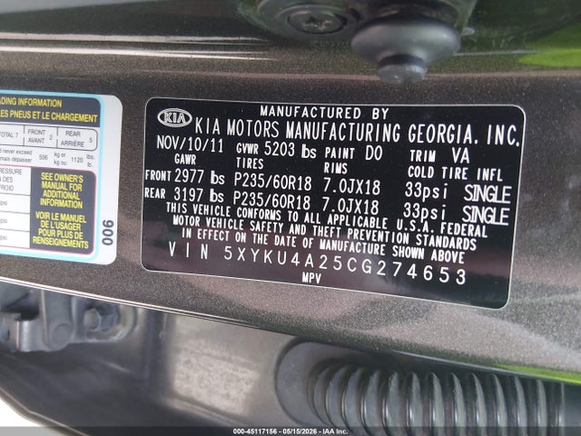 Aukcja sprzedaży 2012 Kia Sorento Ex V6, vin: 5XYKU4A25CG274653, numer aukcji: 45117156