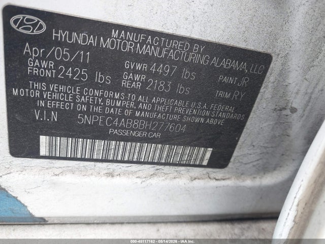 Aukcja sprzedaży 2011 Hyundai Sonata Se 2.0t, vin: 5NPEC4AB8BH277604, numer aukcji: 45117162