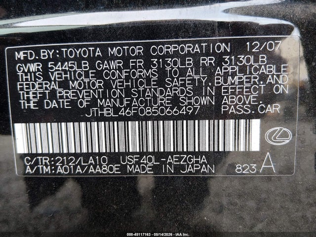 Продаж на аукціоні авто 2008 Lexus Ls 460, vin: JTHBL46F085066497, номер лоту: 45117163