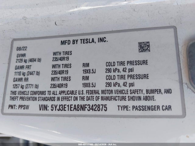 Продаж на аукціоні авто 2022 Tesla Model 3 Rear-wheel Drive, vin: 5YJ3E1EA8NF342875, номер лоту: 45117168