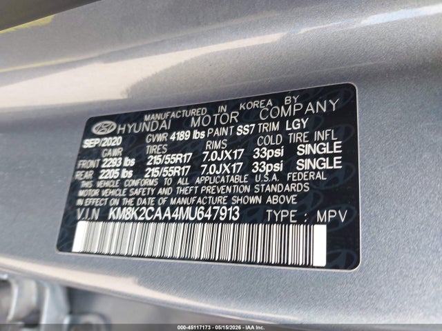 Продаж на аукціоні авто 2021 Hyundai Kona Sel, vin: KM8K2CAA4MU647913, номер лоту: 45117173