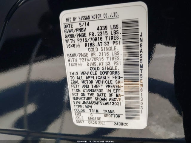 Продаж на аукціоні авто 2014 Nissan Rogue Select S, vin: JN8AS5MT5EW613031, номер лоту: 45117175