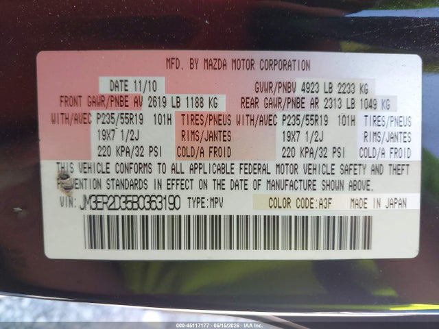 Aukcja sprzedaży 2011 Mazda Cx-7 S Grand Touring, vin: JM3ER2D35B0363190, numer aukcji: 45117177