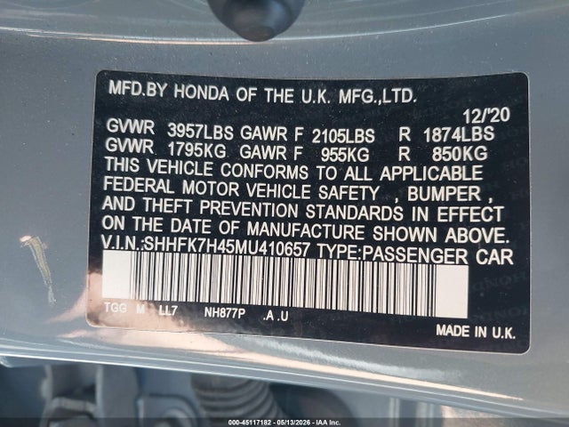 SHHFK7H45MU410657 Honda Civic Sport