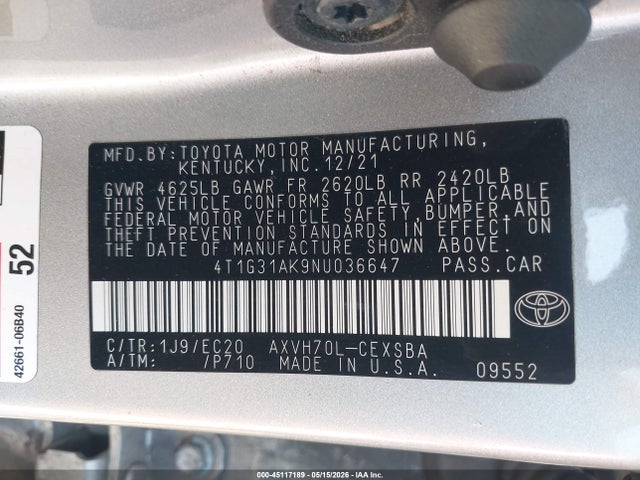 45117189 :رقم المزاد ، 4T1G31AK9NU036647 vin ، 2022 Toyota Camry Nightshade Edition Hybrid مزاد بيع