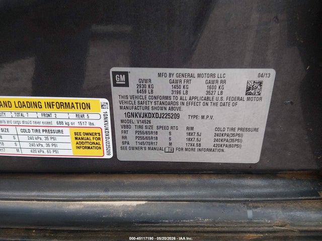 Продаж на аукціоні авто 2013 Chevrolet Traverse 2lt, vin: 1GNKVJKDXDJ225209, номер лоту: 45117190