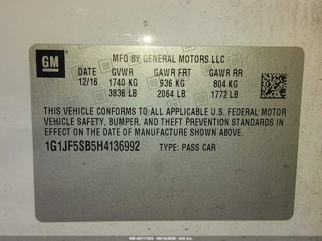 Продажа на аукционе авто 2017 Chevrolet Sonic Premier Auto, vin: 1G1JF5SB5H4136992, номер лота: 45117202