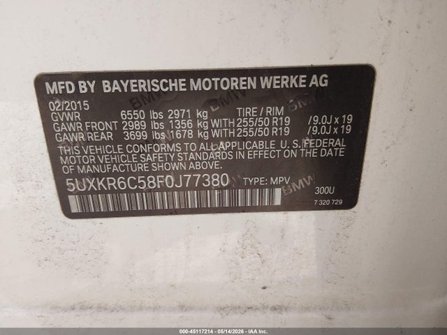 2015 Bmw X5 Xdrive50i მანქანა იყიდება აუქციონზე, vin: 5UXKR6C58F0J77380, აუქციონის ნომერი: 45117214