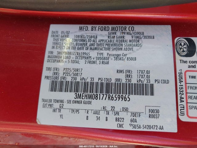 Продажа на аукционе авто 2007 Mercury Milan V6 Premier, vin: 3MEHM08177R659965, номер лота: 45117215