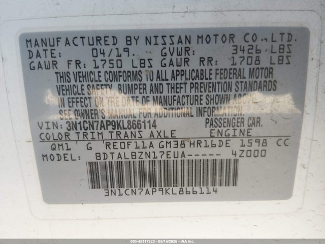 3N1CN7AP9KL866114 Nissan Versa 1.6 Sv
