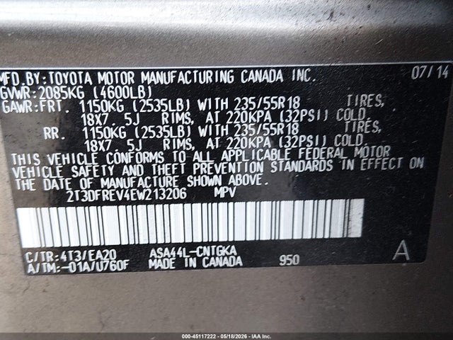 2T3DFREV4EW213206 Toyota Rav4 Limited