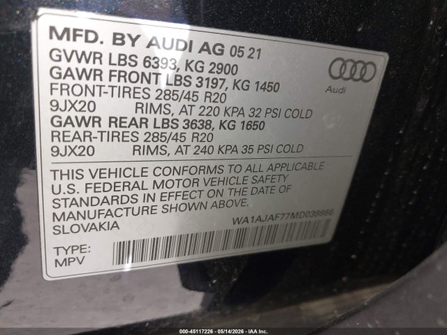 WA1AJAF77MD039866 Audi Q7 Premium 45 Tfsi Quattro Tiptronic