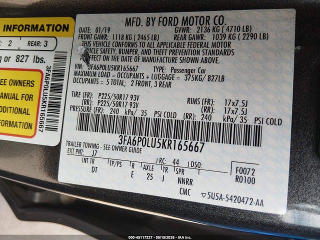 Продаж на аукціоні авто 2019 Ford Fusion Hybrid Se, vin: 3FA6P0LU5KR165667, номер лоту: 45117227
