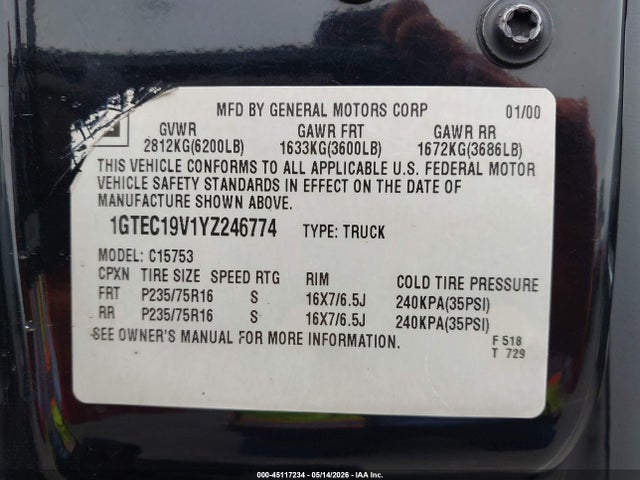 45117234 :رقم المزاد ، 1GTEC19V1YZ246774 vin ، 2000 Gmc Sierra 1500 Sle مزاد بيع