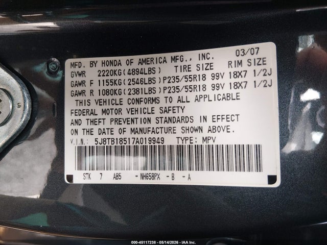 2007 Acura Rdx მანქანა იყიდება აუქციონზე, vin: 5J8TB18517A019949, აუქციონის ნომერი: 45117238