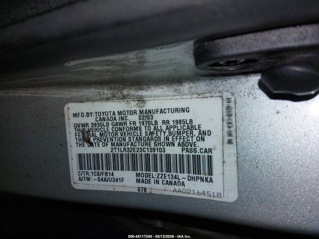 45117240 :رقم المزاد ، 2T1LR32E23C139103 vin ، 2003 Toyota Matrix Xr مزاد بيع
