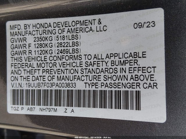19UUB7F03PA003833 Acura Tlx Type S/type S Pmc Edition