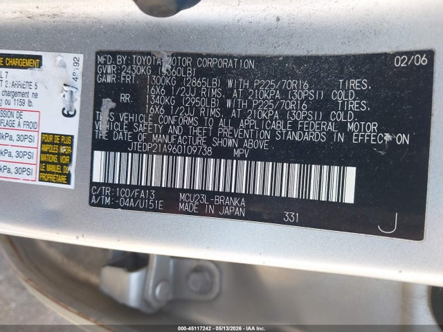 45117242 :رقم المزاد ، JTEDP21A960109738 vin ، 2006 Toyota Highlander V6 مزاد بيع