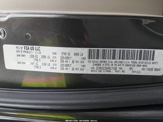 Aukcja sprzedaży 2017 Dodge Grand Caravan Sxt, vin: 2C4RDGCG0HR617168, numer aukcji: 45117245