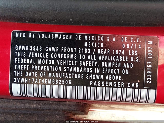 45117246 :رقم المزاد ، 3VWH17AT4EM662506 vin ، 2014 Volkswagen Beetle 1.8t مزاد بيع