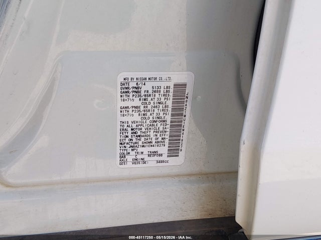 JN8AZ1MU1EW418279 Nissan MURANO SV